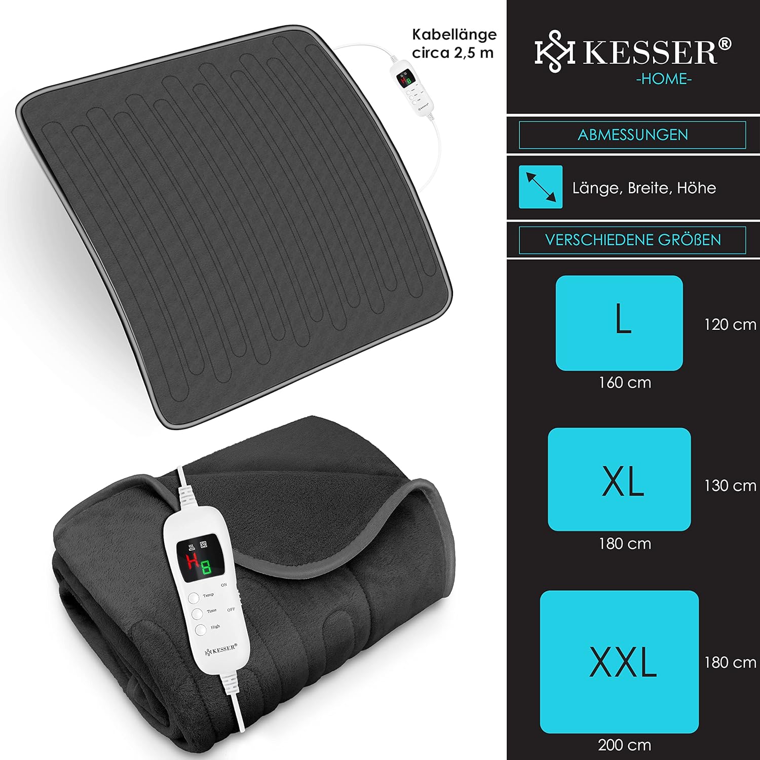 KESSER® Elektrische deken van pluche, 180 x 130 cm, grijs, TÜV SÜD GS getest, elektrische warmtedeken met timer, automatische uitschakeling, knuffeldeken, deken, 9 temperatuurniveaus, wasbaar tot 40