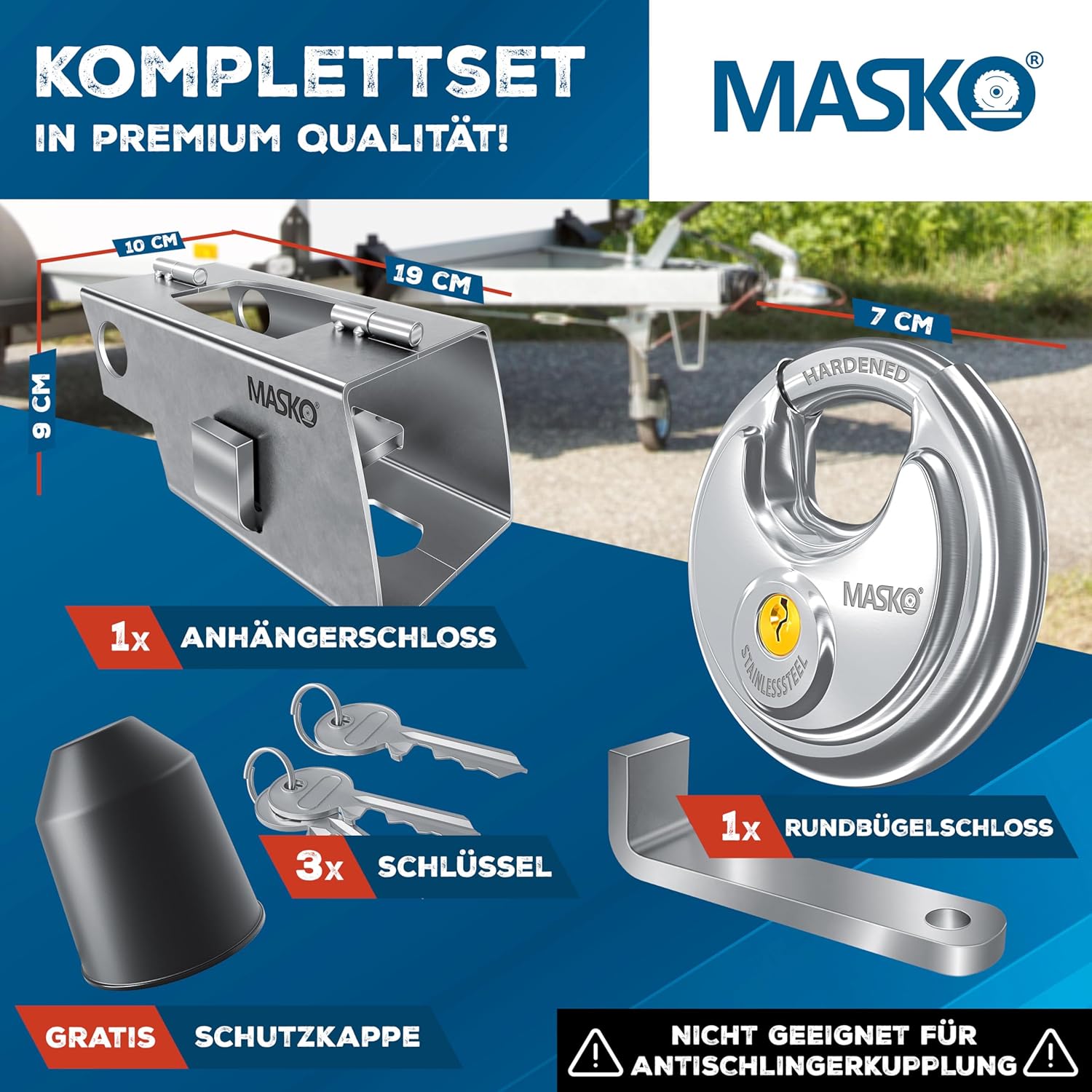 MASKO® Aanhangerslot met scharniersysteem - Diefstalbeveiliging - Zilver