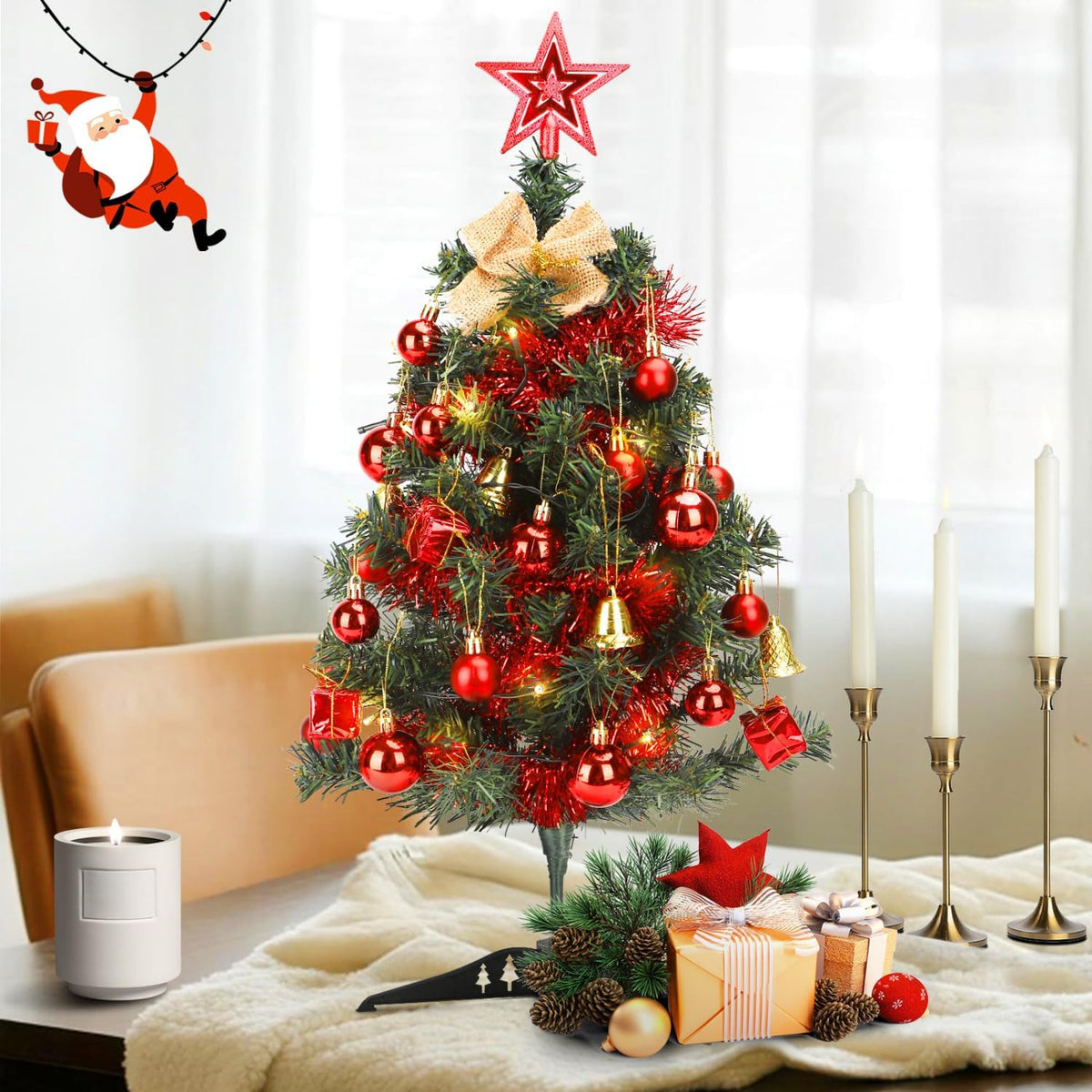 Aigostar Kunstkerstboom met verlichting, 30 leds, 60 cm, kleine kerstboom met 42 hangsieraden, ideaal voor kerstdecoratie binnenshuis
