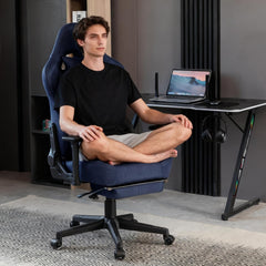 Symino Gamingstoel met latex zitkussen, 300 kg belastbaarheid, ergonomische pc-stoel met traagschuim, lendensteun en hoofdsteun, ademende bureaustoel van imitatie suède, donkerblauw