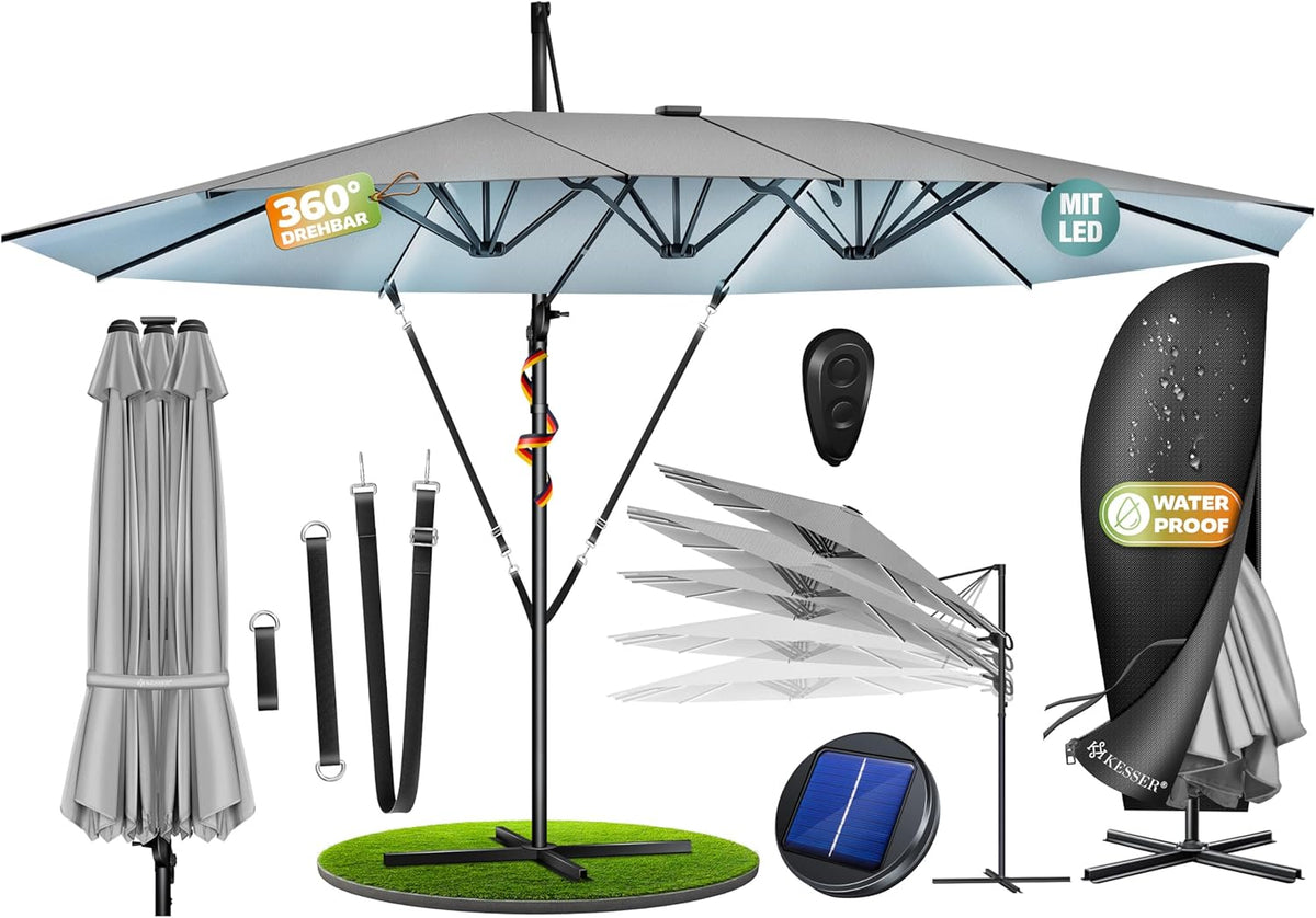 Zweefparasol - Tuinparasol - Parasol 460x270 cm - Met voet - Met Parasolhoes - Grijs - KESSER®