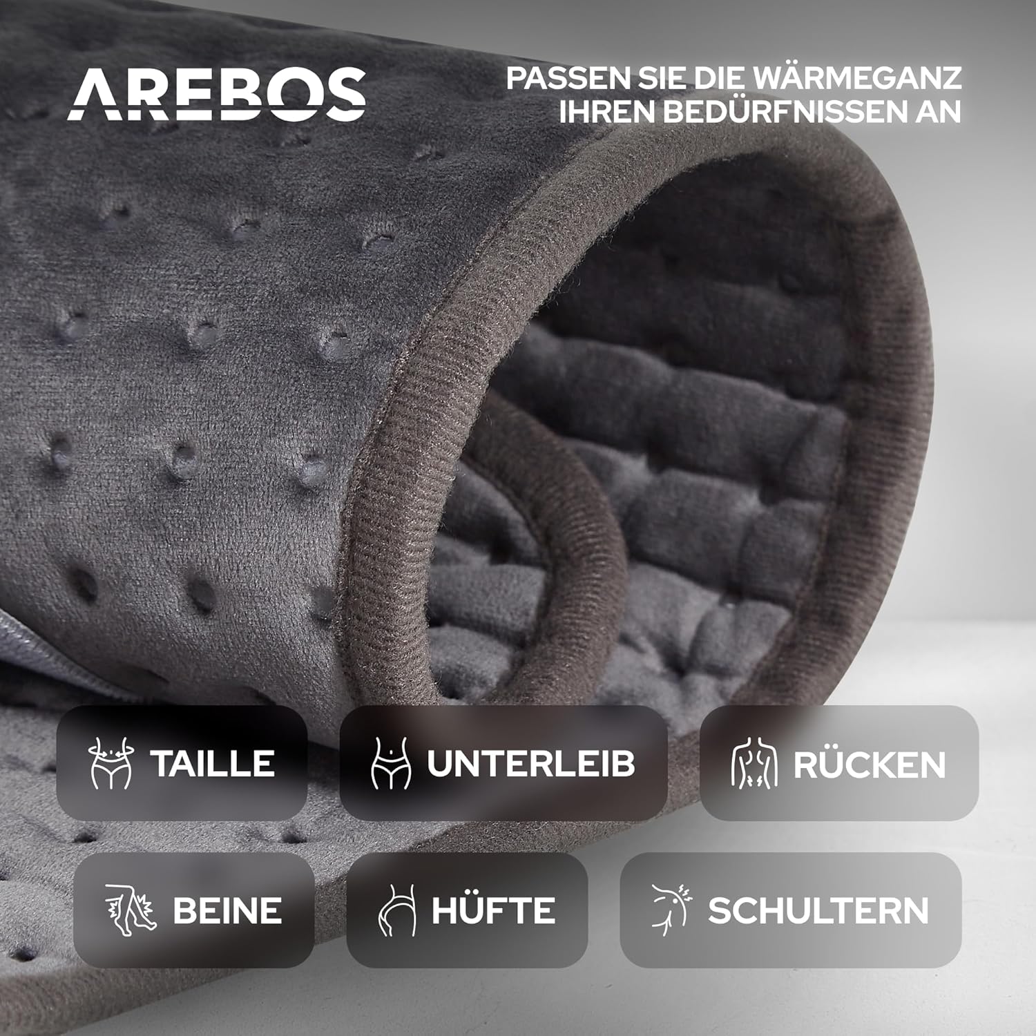 Arebos Elektrische verwarmingsgordel voor rug en buik, elektrisch verwarmingskussen met 6 temperatuurstanden en automatische uitschakeling, warmtegordel met verstelbare band en klittenbandsluiting,