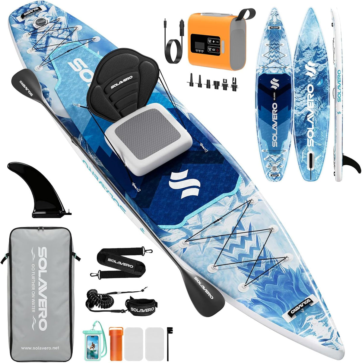 SOLAVERO Opblaasbaar Stand-Up Paddle Board, Extra Groot SUP met Zitje, Premium Accessoires, Antislip EVA-dek voor Tieners en Volwassenen, Draagvermogen 272 kg, Avontuurlijk Paddle Board voor Meren en Rivieren