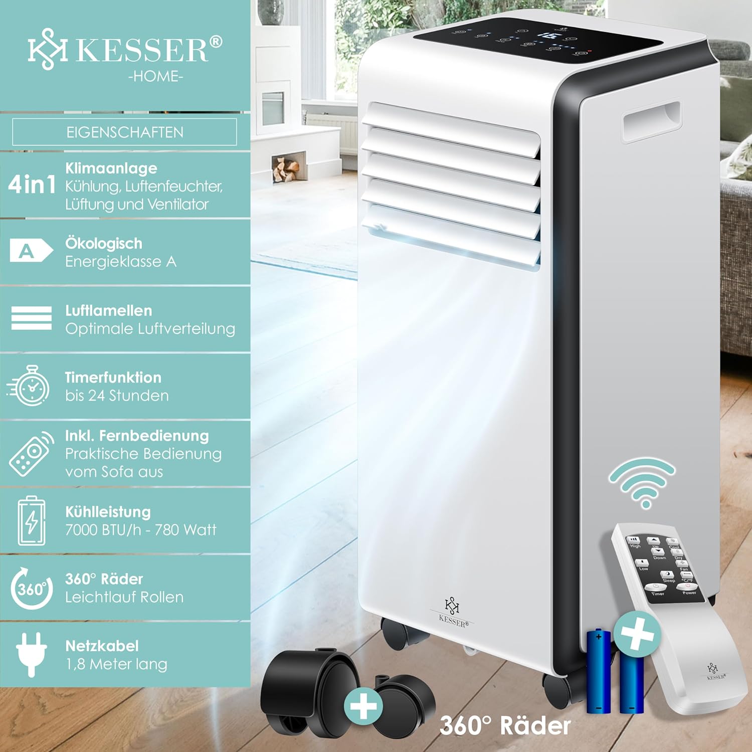 KESSER® Mobiele airconditioning, 4-in-1, koelen, luchtontvochtiger, ventilator, 7000 BTU/h, 780 W, mobiel klimaat met montagemateriaal, afstandsbediening en timer, nachtmodus en 360° wielen