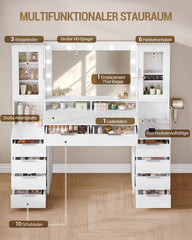 Hzuaneri DT43703XEU Grote make-uptafel met ledverlichting en stekkerdoos, 150 cm, make-uptafel met spiegel, driekleurige lichtinstelling, 10 laden, sieradenopslag, wit-zilver
