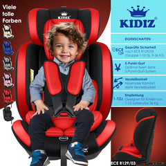 KIDIZ® Autokinderzitje met Isofix, groep 1 + 2 + 3, 9-36 kg, 5-punts veiligheidsgordel, autostoel, kinderzitje, verstelbare hoofdsteun, meegroeiende zitverhoging, 1-12 jaar, stabiel en veilig