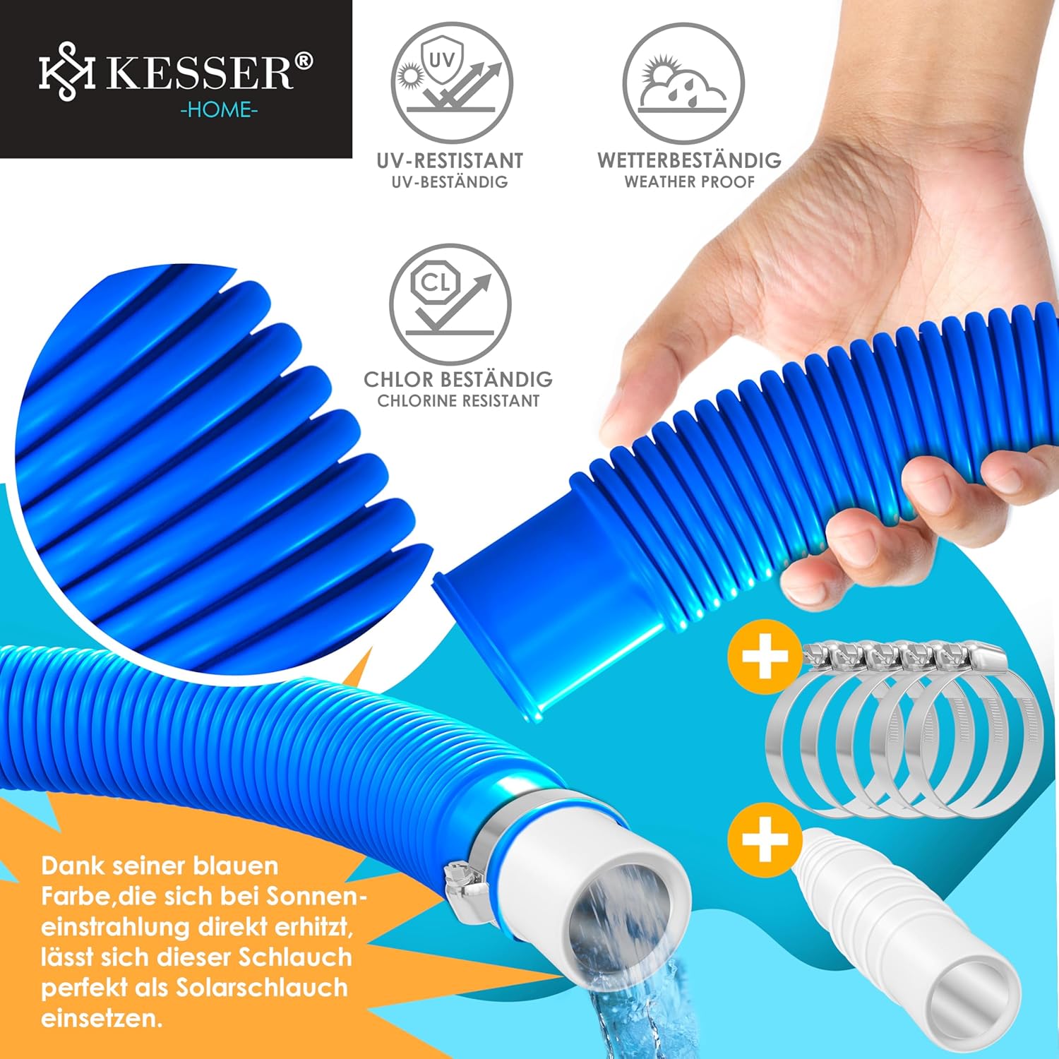 KESSER® Zwembadslang 8 m / Ø 38 mm | zwembadslang met | zonne-slang voor zwembad | zuigslang | pompslang | flexibele waterslang incl. slangklemmen en -verbinding | blauw