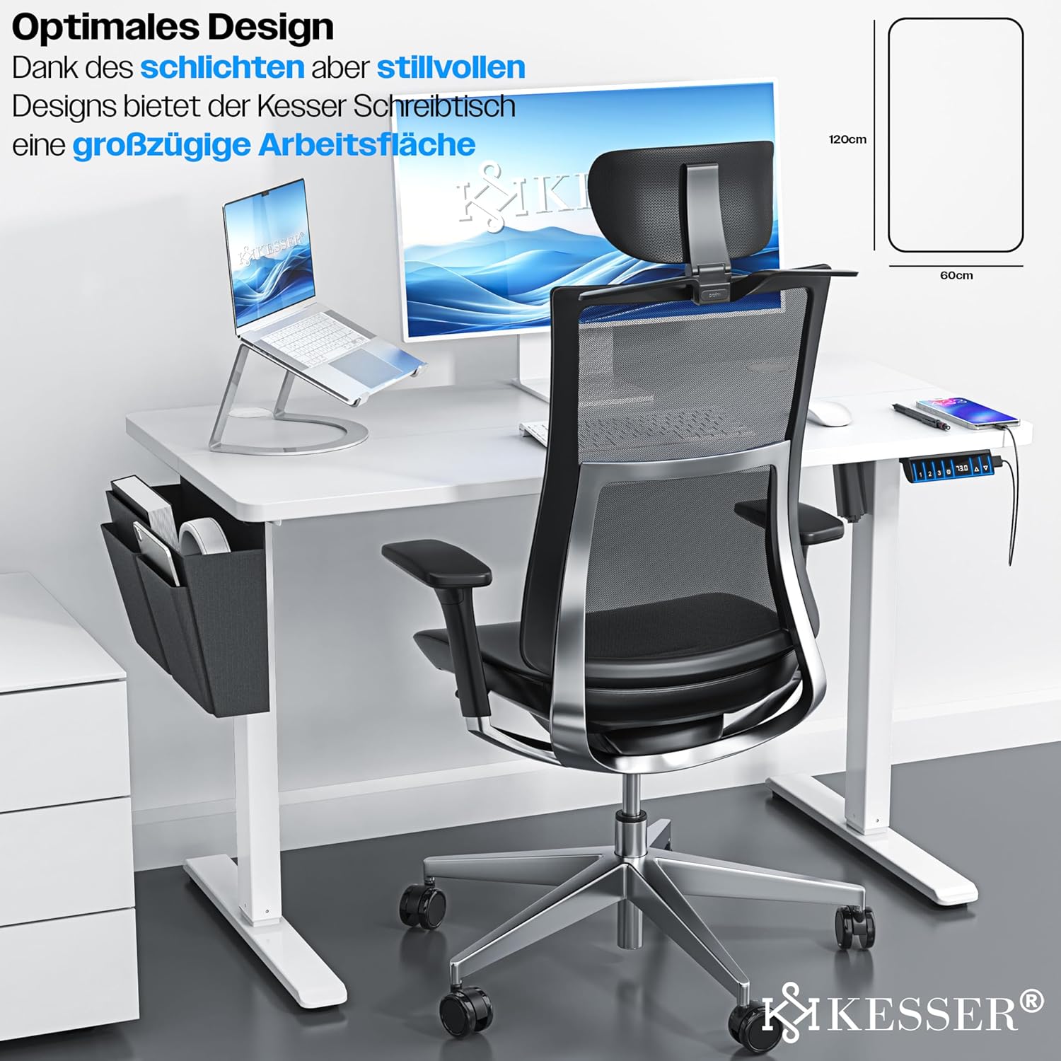KESSER® In hoogte verstelbaar bureau elektrisch 120 cm x 60 cm | Ergonomisch sta-zit-bureau | 3-functie-geheugenbesturing | Incl. 360° wielen & USB-oplaadpoort computertafel voor thuiskantoor
