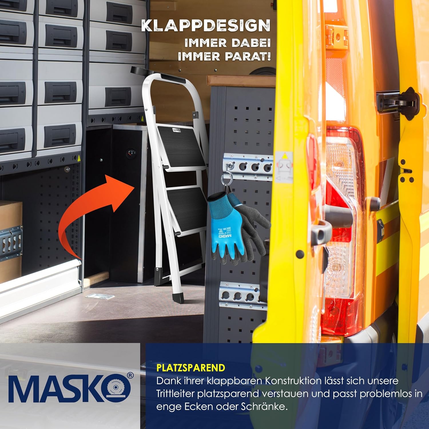 MASKO® Trapladder, vouwladder met 2 treden, belastbaar tot 150 kg, antislip, incl. handschoenen, gereedschapshouder en automatisch slot, wit