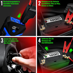 MASKO® Starthulp powerbank auto 3000A piekstroom 24000mAh (tot 8,0L benzine of 8L diesel) met LED-zaklamp, voor 12V-voertuigen batterij starter SUV motorfiets ATV grasmaaier, incl. handschoenen
