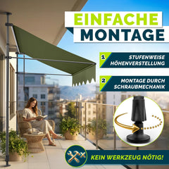 tillvex Klemluifel met handslinger, balkon, balkonluifel zonder boren, luifel uv-bestendig en in hoogte verstelbaar, zonwering voor terras en tuin, waterdicht (legergroen, 150 cm)