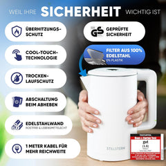 Stillstern Waterkoker met temperatuurregeling [1,7 l, 2200 W, 40-55-70-85-100 °C], 12 uur warmhouden, roestvrijstalen waterkoker met precisietuit, snelle opwarming, campingwaterkoker, matte afwerking