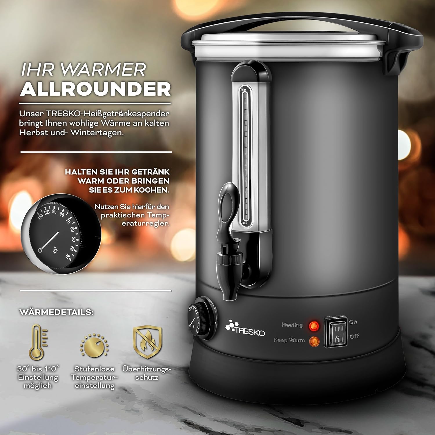 TRESKO® glühweinkoker, 6 l/1500 W, inmaaktoestel van roestvrij staal, glühweinautomaat, warmwaterdispenser, grijs