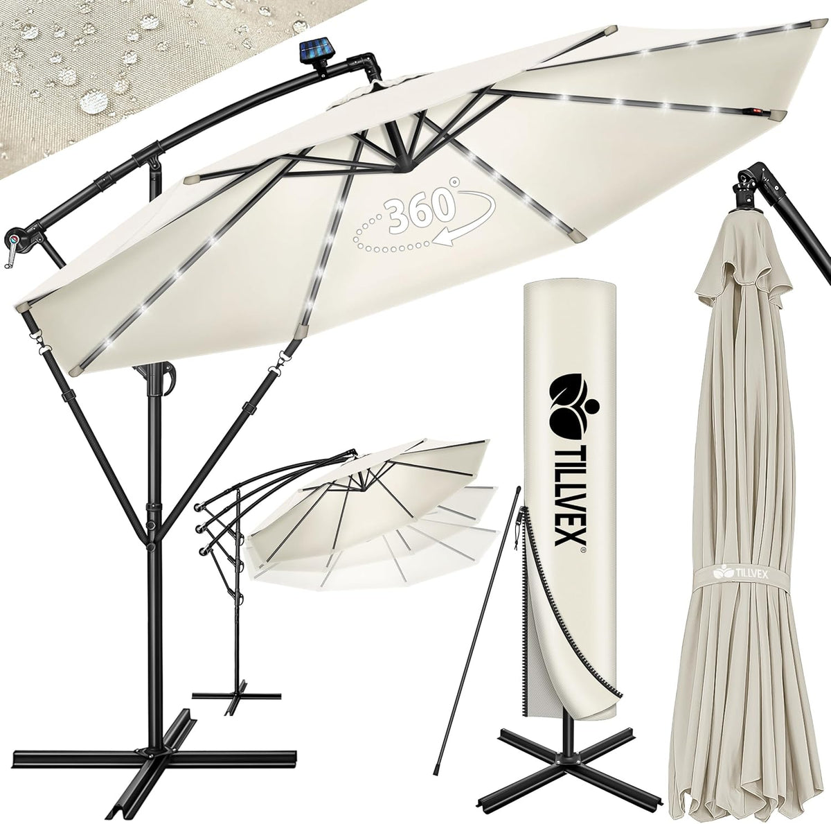 Tillvex® LED Parasol - Zweefparasol - Ø350cm - 360° Draaibaar - Beige
