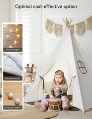 besrey Tipi-tent voor kinderen, tippi-kindertent van katoen | Kindertent inclusief verlichting en gevoerde en antislip mat, beige