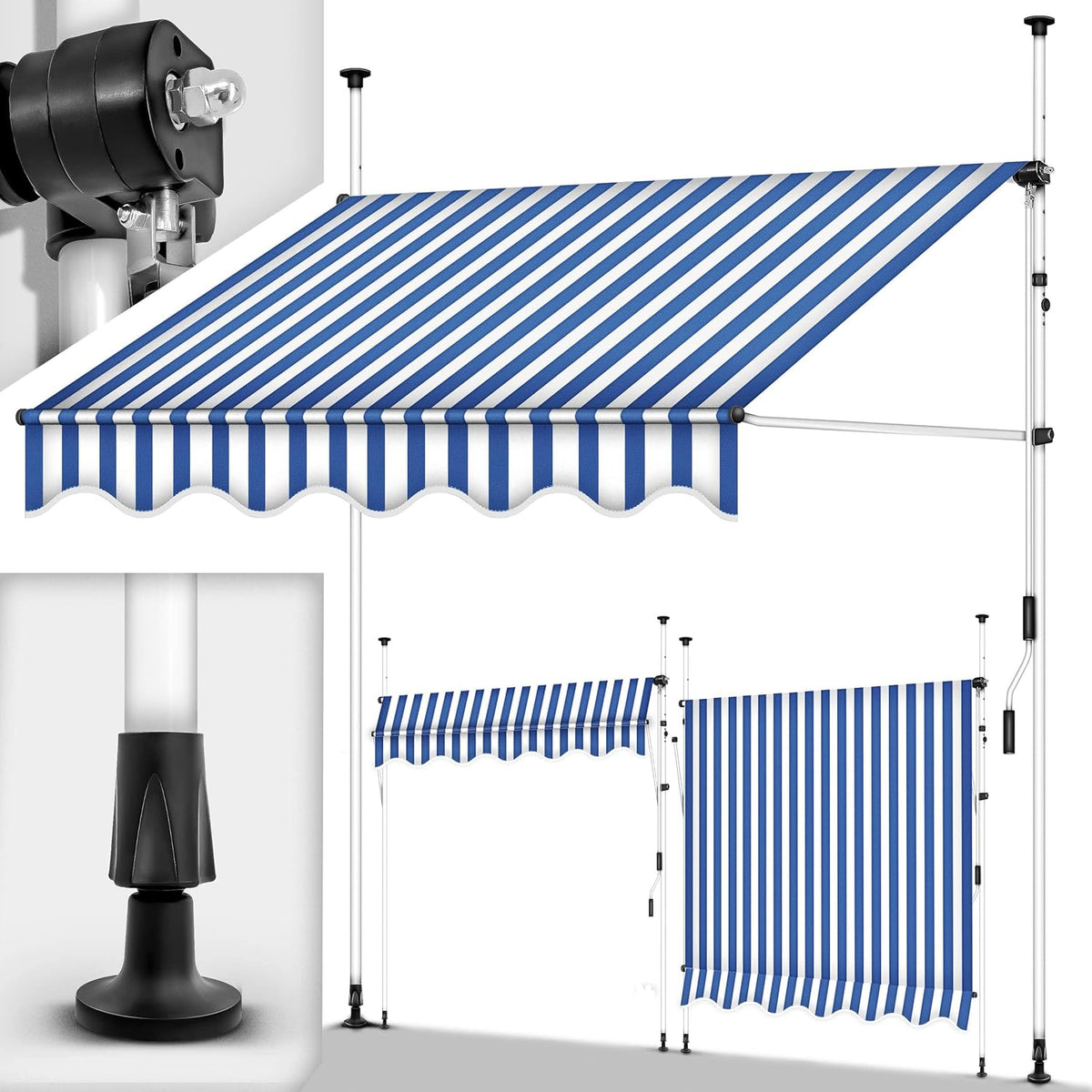 Klemluifel - Balkon luifel - Verticale luifel - 200 cm - Blauw / Wit - Tillvex® •