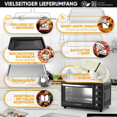 Stillstern CYCLONE PRO+ Mini-oven met convectie 35L, Pizza Ø28, CYCLONE PRO+ anti-aanbaklaag, ontdooien, 2-uurs timer, camping mini oven hete lucht pizzaoven mini-oven kleine kippengrill
