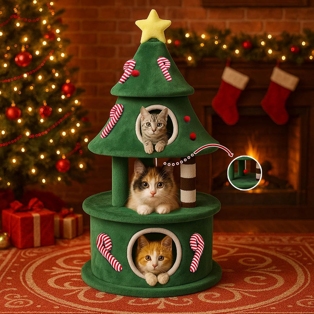 COMHOMA Krabpaal 135 cm hoog in kerstboomdesign, kattenboom met meerdere verdiepingen met kattenhuis, platforms en speelballen, stabiele klimboom voor katten, groen