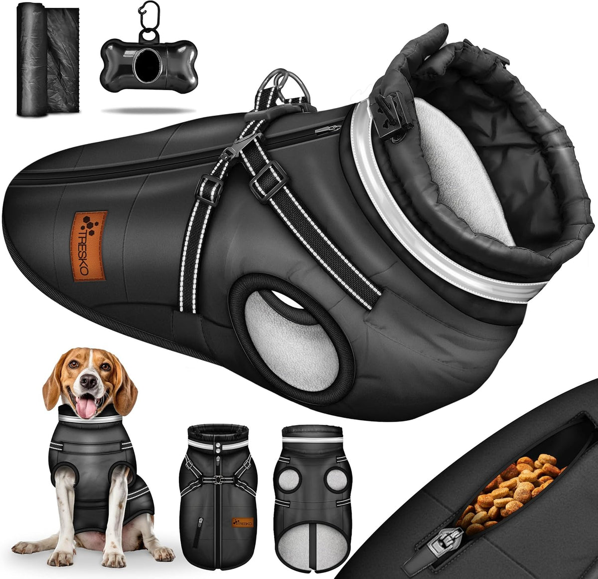 TRESKO® Hondenjas voor de winter, met reflectoren, incl. 15 stuks, poepzakken + dispenser, waterdichte hondenjas met harnas, gevoerd hondenvest (XL, zwart)