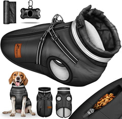 TRESKO® Hondenjas voor de winter, met reflectoren, incl. 15 stuks, poepzakken + dispenser, waterdichte hondenjas met harnas, gevoerd hondenvest (M, zwart)