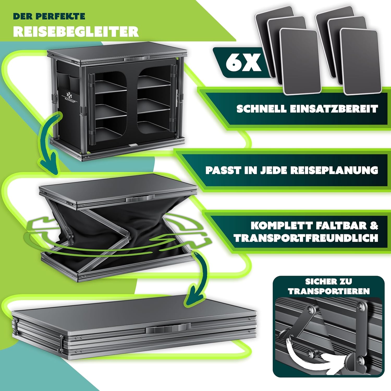 KESSER® Campingkeuken, opvouwbaar, outdoor campingkast, 84 x 80 cm, keukenkast met aluminium frame, 6 vakken incl. 4-delige bekerset, zijvakken en vliegengaas, campingkeuken van UV-bestendige stof