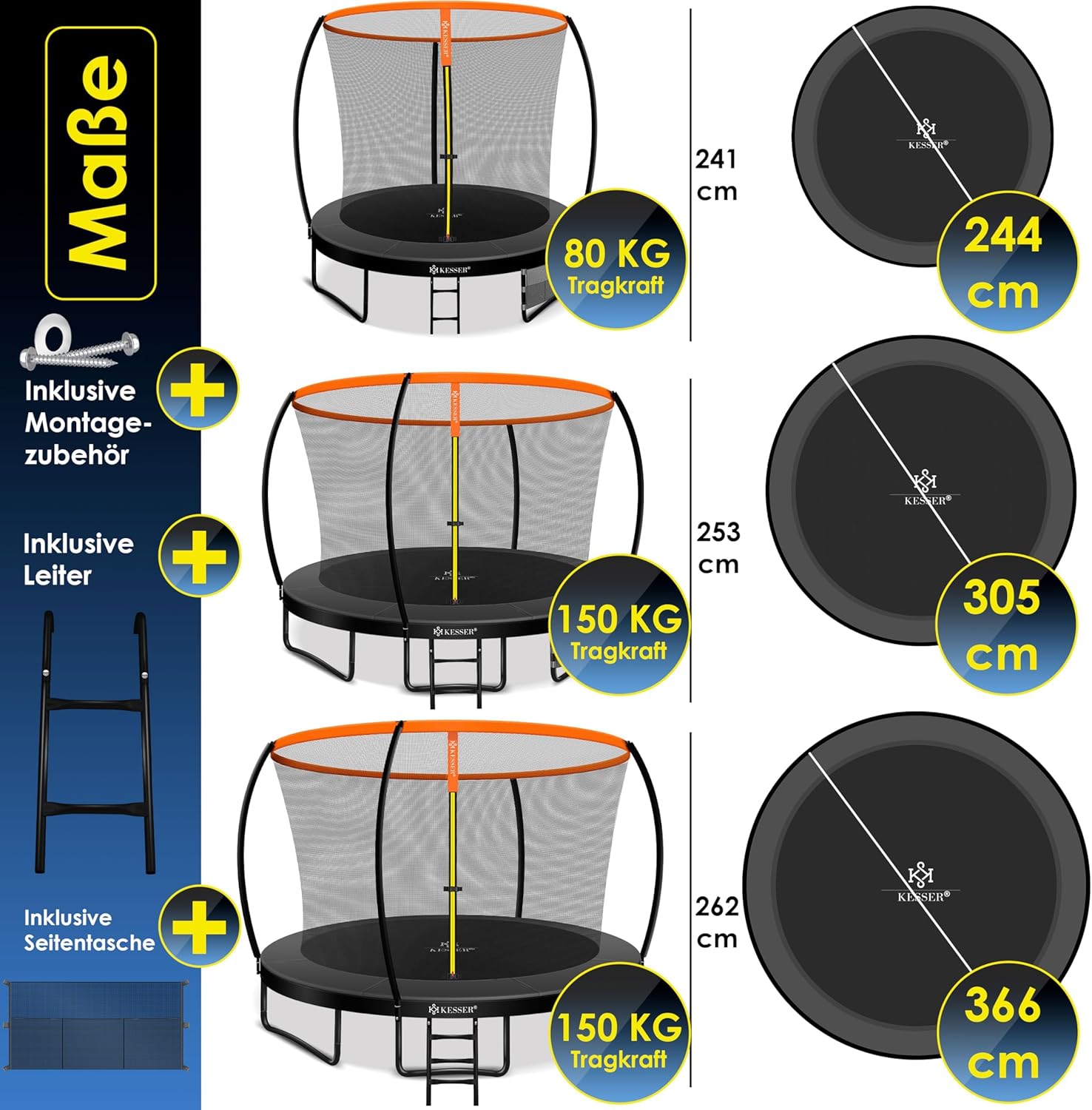 KESSER® Trampoline Ø244 cm - Veiligheidsnet en Ladder - tot 150 kg belasting - Oranje