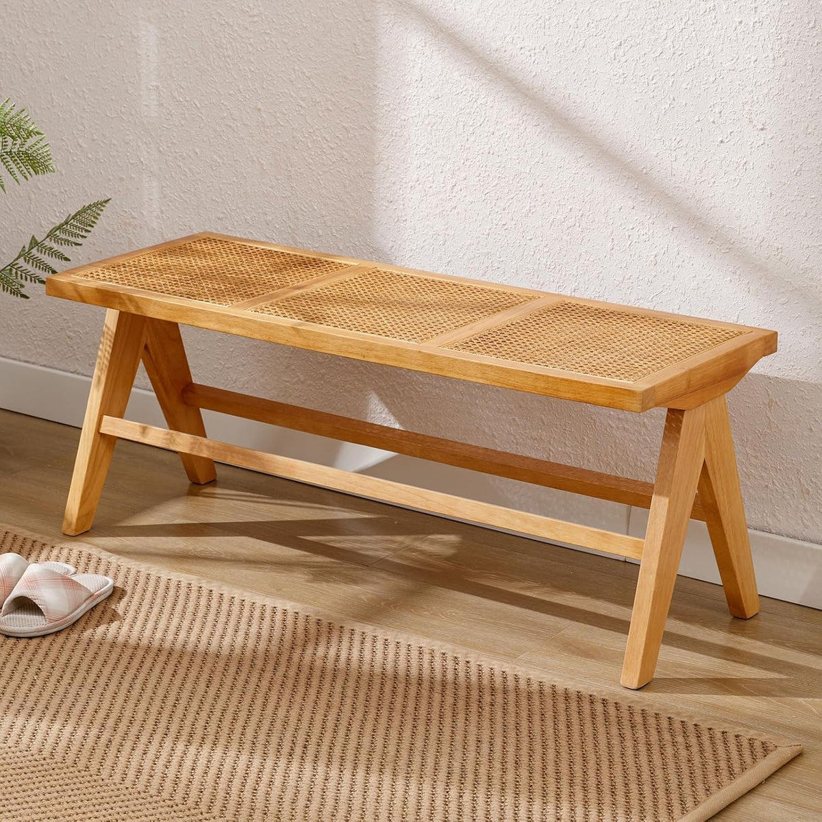 Ya-Home Eettafelbank, rotan zitbank met massief houten poten, ademende entree, eetkamerbank, keukenbank zonder rugleuning, voor eetkamer/balkon/hal, geel