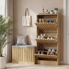 UEV Schoenenkast met 3 kleppen hout, schoenenrek smal (natuur)