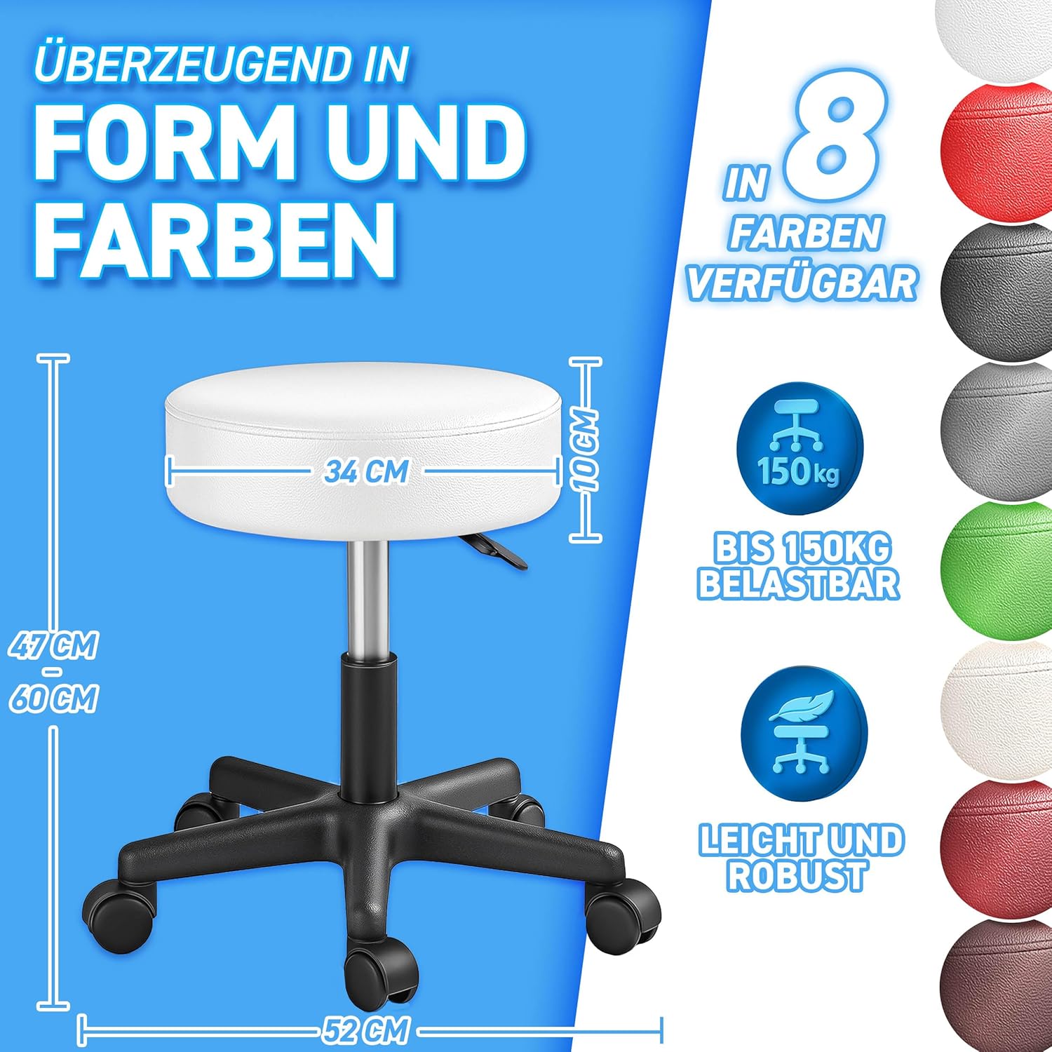 Tresko Draaikruk met wieltjes, kussen van 10 cm, 360 graden draaibaar, in hoogte verstelbaar, keuze uit 8 verschillende kleuren, voor schoonheidsspecialisten, dokters enz.