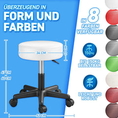 Tresko Draaikruk met wieltjes, kussen van 10 cm, 360 graden draaibaar, in hoogte verstelbaar, keuze uit 8 verschillende kleuren, voor schoonheidsspecialisten, dokters enz.