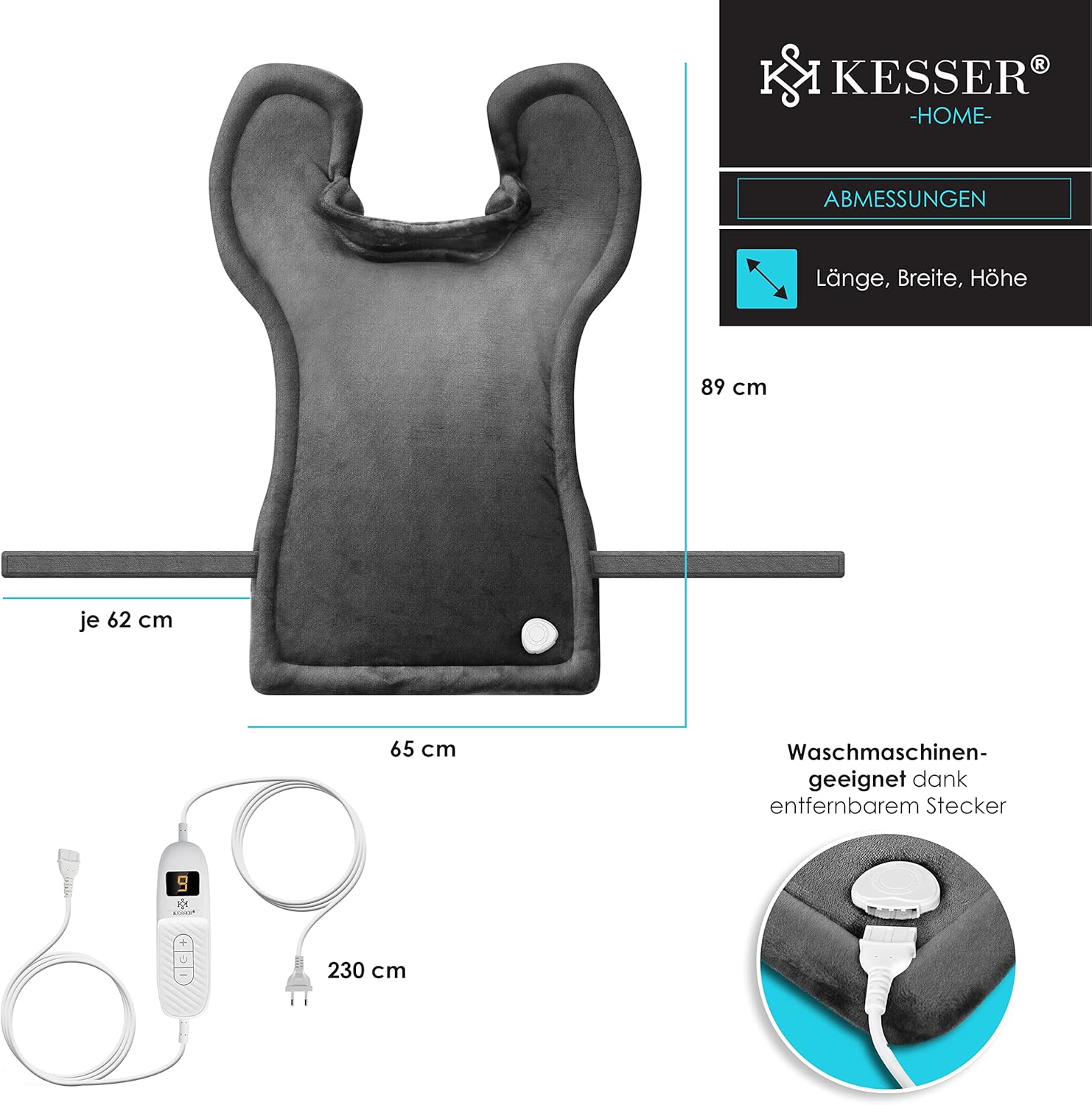 KESSER® Elektrisch verwarmingskussen voor rug, schouders, nek met automatische uitschakeling, 9 warmtestanden, 60 x 85 cm, warmtekussen met tailleriem, rugverwarmer, elektrische deken, wasbaar,