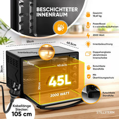 Vrijstaande oven - Hetelucht oven - 45 Liter - 2000W - Zwart - Stilstern •