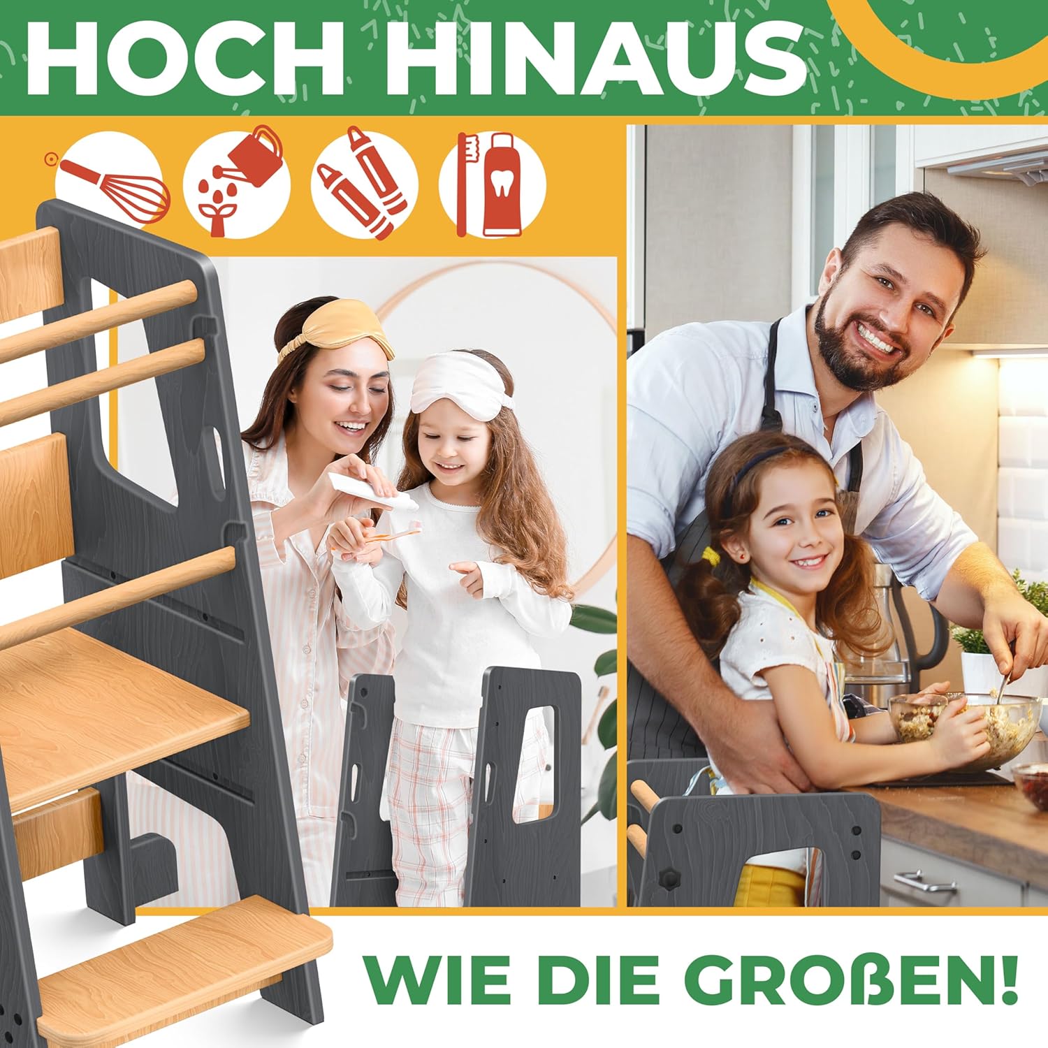 KIDIZ® Leertoren voor kinderen vanaf 1 jaar, incl. leerklok | 3-traps in hoogte verstelbare opstapkruk van grenenhout | speelse motorische vaardigheden bevorderen Montessori leertoren tot 50 kg