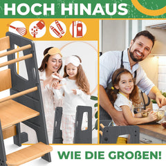 KIDIZ® Leertoren voor kinderen vanaf 1 jaar, incl. leerklok | 3-traps in hoogte verstelbare opstapkruk van grenenhout | speelse motorische vaardigheden bevorderen Montessori leertoren tot 50 kg