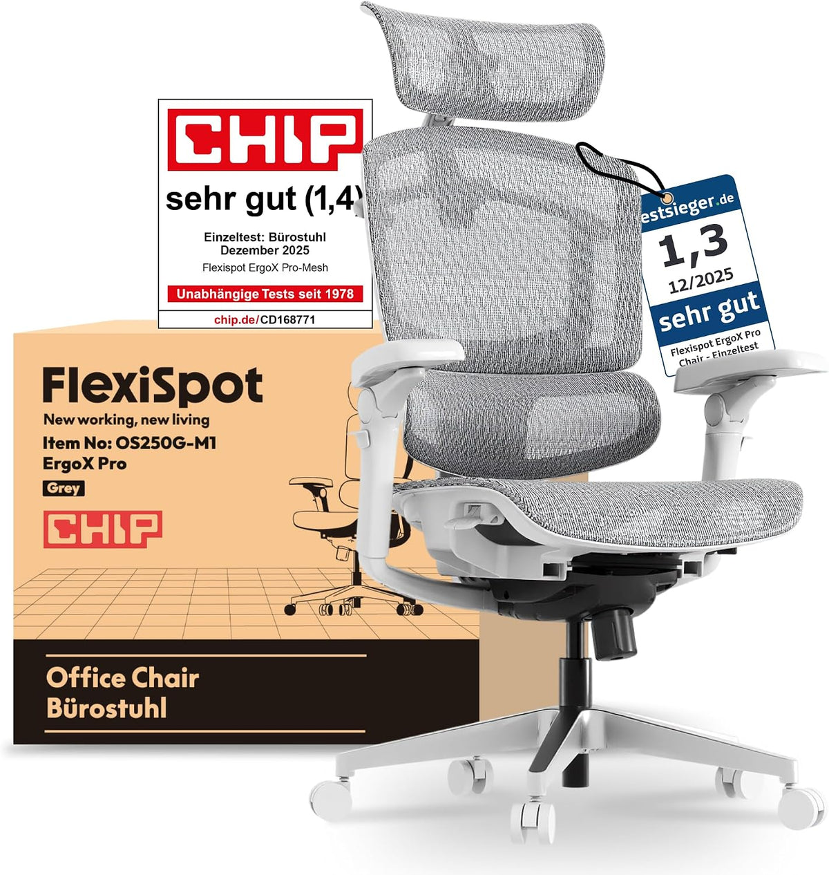 FLEXISPOT Ergonomische bureaustoel ErgoX Pro-Mesh grijs, Met 12-traps hoogteverstelling, met 7D-armleuningen, 5D-lendensteun, 4D-hoofdsteun, 250 kg belastbaarheid