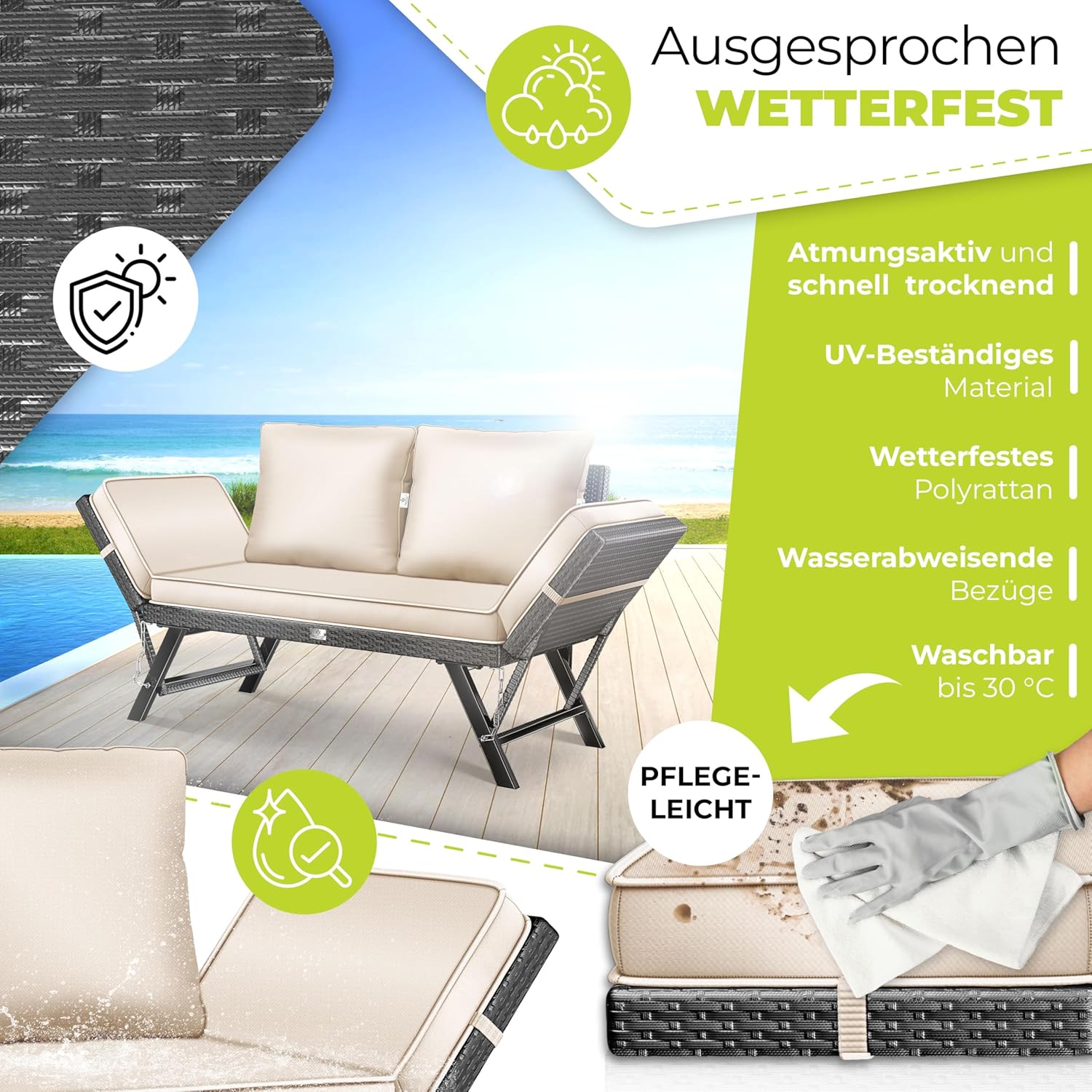 KESSER® Luna Tuinbank, polyrotan, met ligfunctie, 4-in-1 verstelfunctie, weerbestendig, balkonbank, verstelbare armleuningen, extra dikke en zachte bekleding, voor tuin/balkon/terras