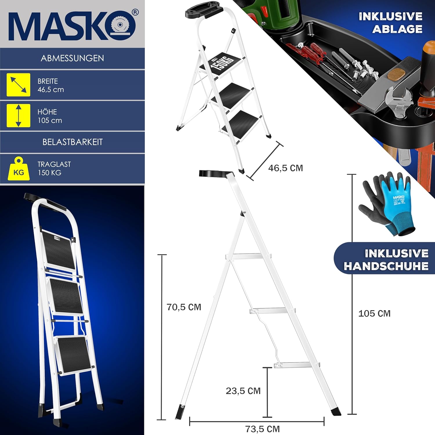 MASKO® Trapladder, vouwladder met 3 treden, belastbaar tot 150 kg, antislip, incl. handschoenen, gereedschapshouder en automatisch slot, wit