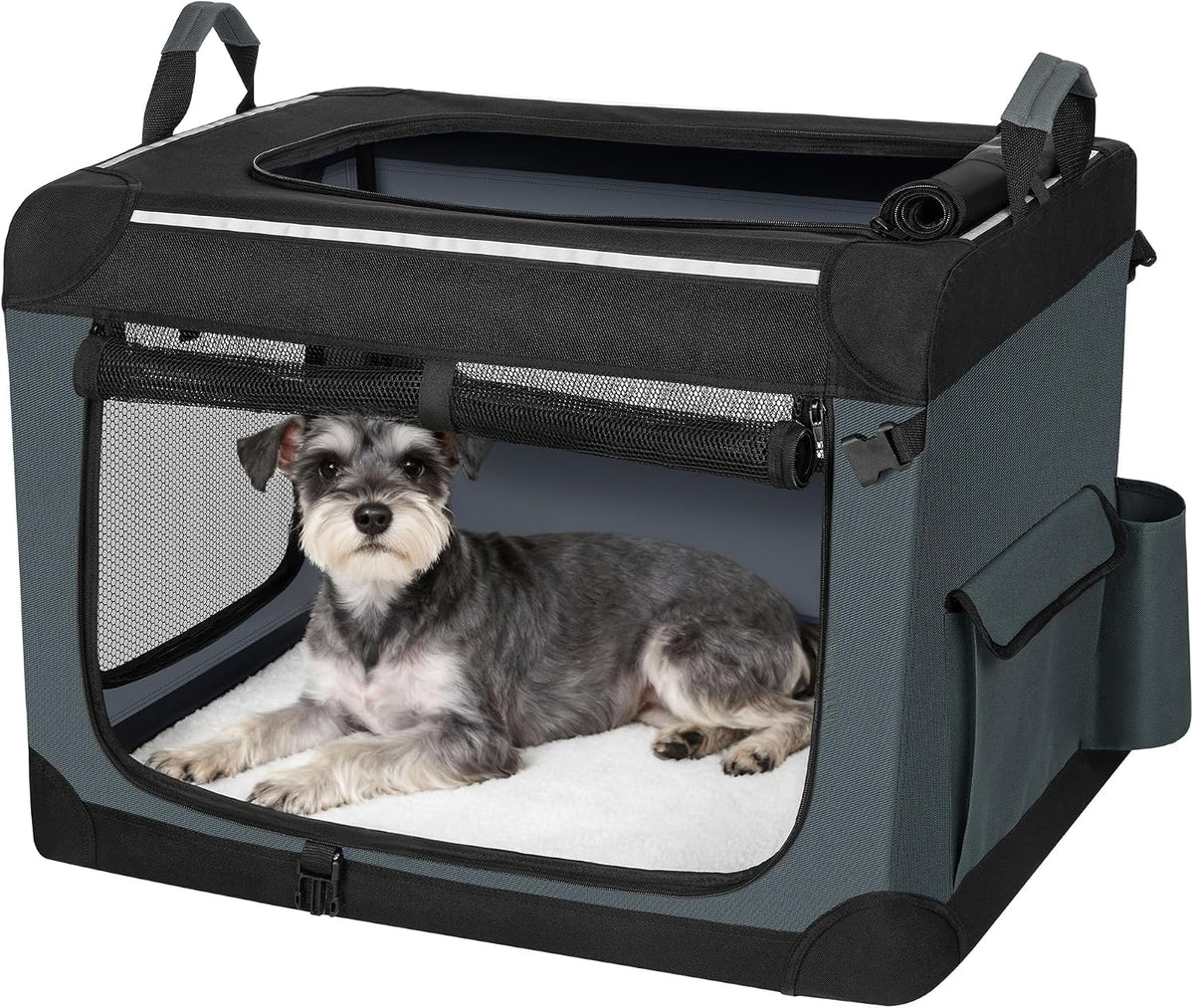 Hondenbox, opvouwbaar, 3-deurs transportbox voor honden, 60 x 42 x 42 cm, draagbare hondentas met reflecterende strepen en zakken, Oxford-stof, de mat is afneembaar, grijs, FPDT005OG1