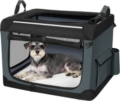 Hondenbox, opvouwbaar, 3-deurs transportbox voor honden, 60 x 42 x 42 cm, draagbare hondentas met reflecterende strepen en zakken, Oxford-stof, de mat is afneembaar, grijs, FPDT005OG1