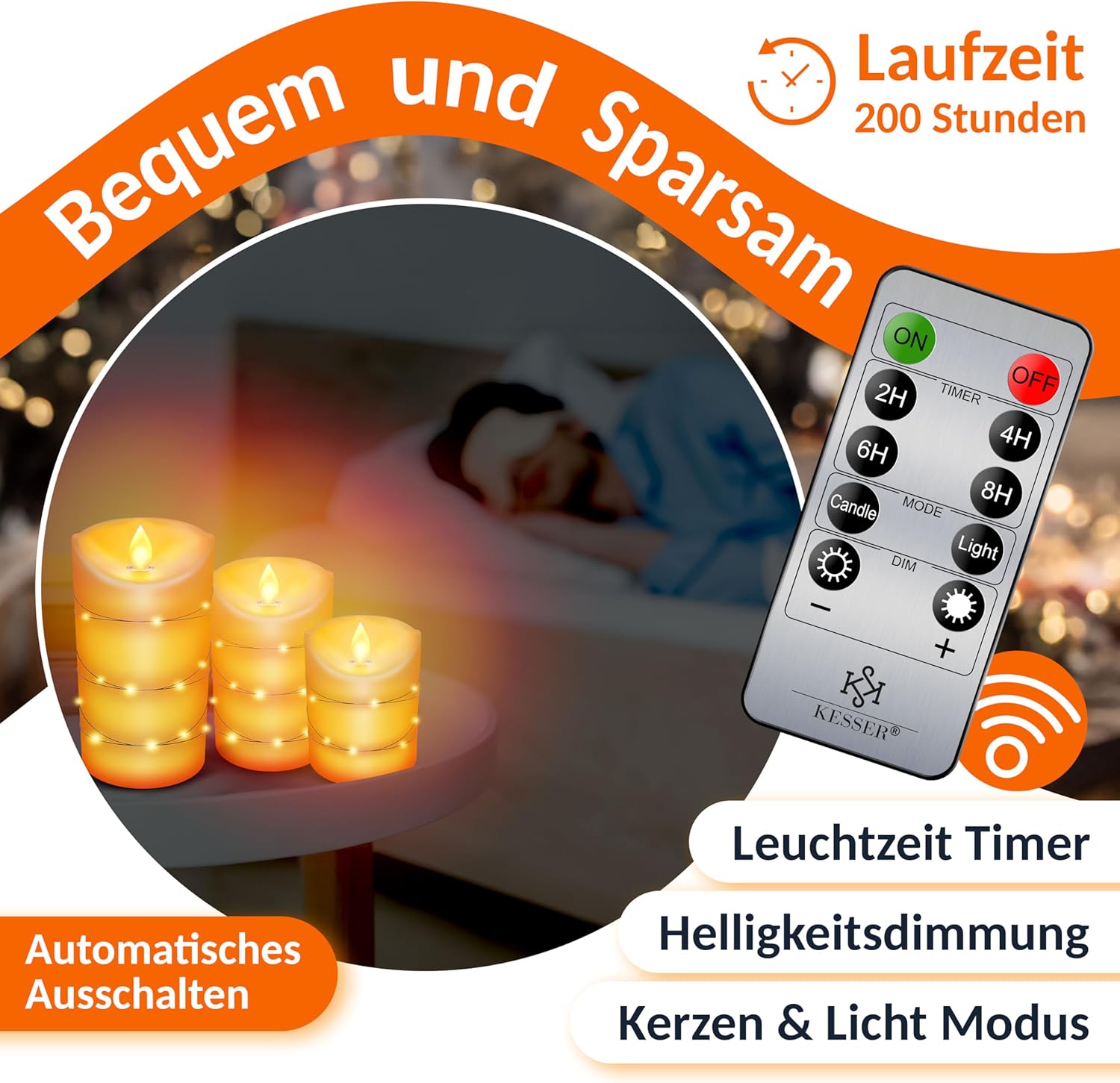 KESSER® Led-kaarsen, 3-delige set, vlamloze kaarsen, timerfunctie, timer, echte waskaars, 10 cm, 12,5 cm, 15 cm hoog, realistisch flikkerend licht, led-vlammen, echte was, decoratie, traditioneel