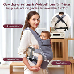 Momcozy Babydrager van 100% katoen vanaf de geboorte | Ergonomische M-positie, X-rug en EVA-lendensteun, 3,2-20 kg, 0-24 maanden, wasbaar, tailleriem 64-127 cm, grijs