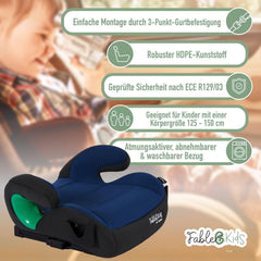 FableKids Zitverhoging auto kinderen Isofix | 3-punts veiligheidsgordel | kinderzitverhoging tot ca. 12 jaar | autostoel voor kinderen 125-150 cm met bekerhouder | ECE R129/03 | blauw