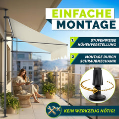 tillvex Klemluifel met handslinger, balkon, balkonluifel zonder boren, luifel uv-bestendig en in hoogte verstelbaar, zonwering, terras en tuin, waterdicht (zand, 250 cm)