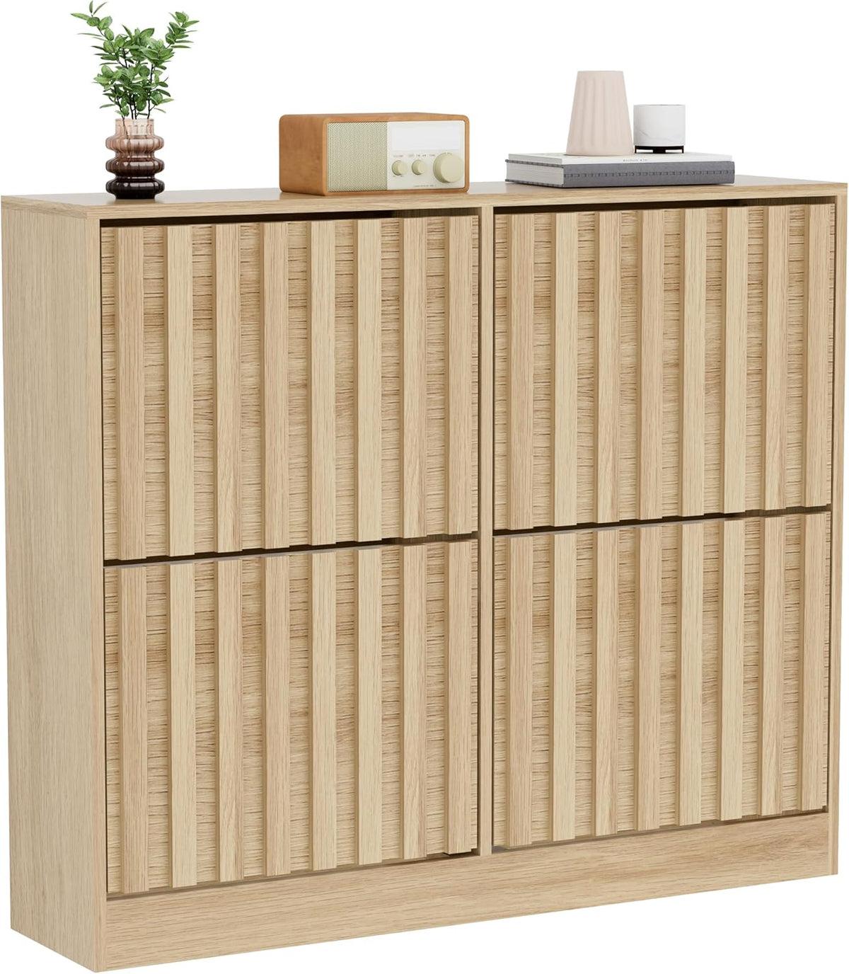 UEV Schoenenkast met 4 kleppen, hout, smalle schoenenkast, schoenenkast met kantelbeveiliging, schoenopslag, halcommode, schoenenrek, hal, verstelbare scheidingswanden voor verschillende soorten