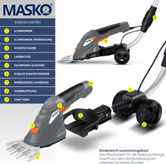 MASKO® Grasschaar struikschaar set met accu 7,2 V 2000 mA/h elektrische tuin heggenschaar gazon schaar incl. oplader, handschoenen grasmes, struikmes & steel telescoopstang 90-130 cm met wielen •