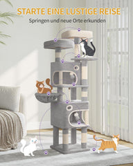Hzuaneri Krabpaal 159 cm kattenboom met 8 krabzuilen, 3 platforms, 2 holletjes, mand, pluche ballen, sisaltouw, geschikt voor katten van verschillende maten, lichtgrijs MS15918LG