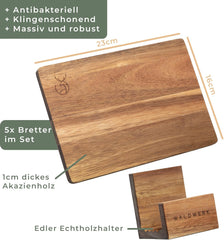 WALDWERK Ontbijtplankjes van massief acaciahout, 5-delige set (23 x 16 x 1 cm), ontbijtplankjes van hout met standaard, 5 snijplanken van hout, perfect voor ontbijt •