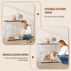 Fobyfurny Hondenbench Meubel, 80 cm Houten Hondenbench met 3 Deuren en Verstelbare Zijdeur, 80 x 60 x 70 cm, Eindtafel Voor Kleine tot Middelgrote Honden, Hondenbench Voor Binnen, Bruin en Wit