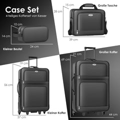 KESSER® 4-delige trolleykofferset | reiskofferset met wielen | complete zakelijke set van 4 | S M L XL | netvak | wielen | telescopische handgreep | reistassen stoffen koffer | handbagage |, antraciet •