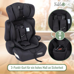 FableKids Kinderautostoel 9-36 kg, 3-punts veiligheidsgordel, autokinderzitje vanaf 15 m, autostoel voor kinderen 76-150 cm, kinderzitje, verstelbare hoofdsteun, ECE R129/03, verstelbaar, zwart